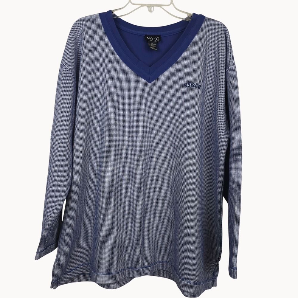 NY&CO Mens XL V Neck Long Sleeve‎ Pullover Sweater Blue White Checkered Casual